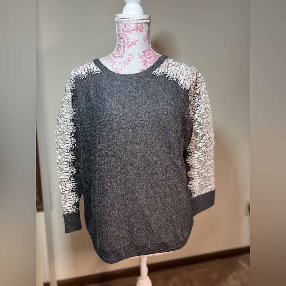 J. Crew Crewneck Lace Sweater Gray Wool Blend S - Picture 2 of 7